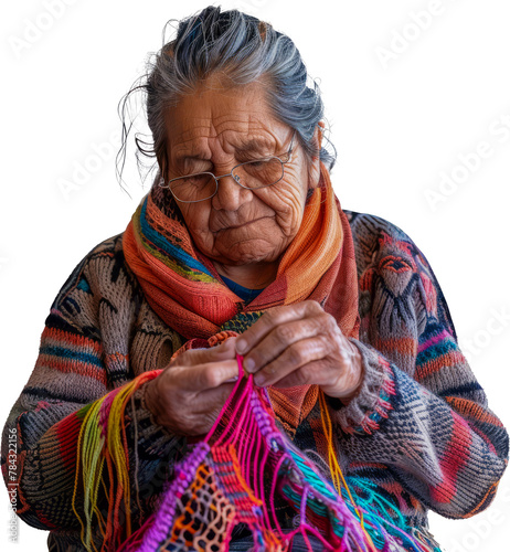 Elderly indigenous woman knitting colorful scarf cut out png on transparent background photo