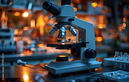 laboratory equipment, white microscope on dark background. Close up