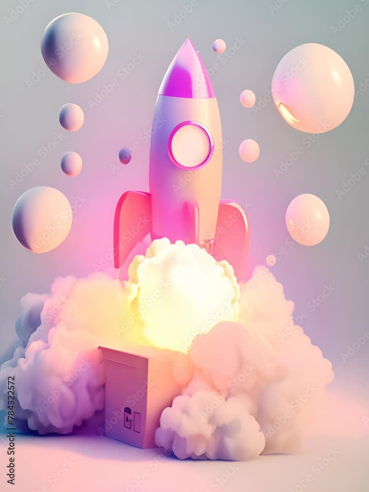3D cartoonstyle rocket taking off from a box, with pastel colors including pink and purple tones, white smoke around it, flying on an empty background, 2D design with simple shapes and soft edges 3D cartoonstyle rocket taking off from a box, with pastel colors including pink and purple tones, white smoke around it, flying on an empty background, 2D design with simple shapes and soft edges