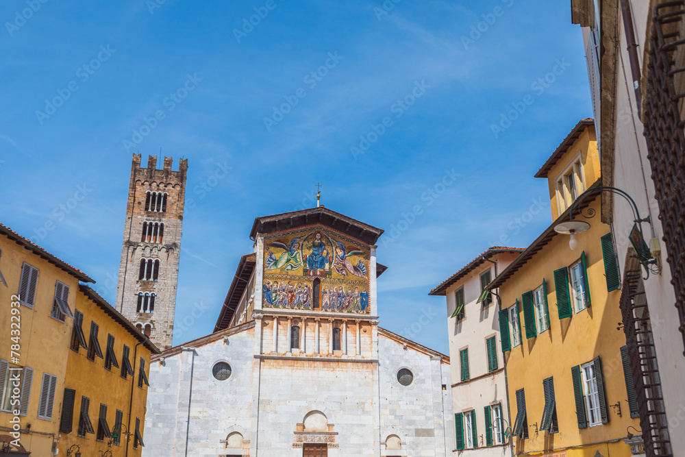 Basilica San Frediano in Lucca, Tuscany, Italy. Decorated with golden 13th century mosaic representing Ascension of Christ with apostles below, in a Byzantine style by Berlinghiero Berlinghieri