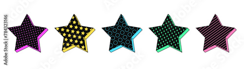 Isolated retro black star icon set, vector stickers. Superstar and celebrity, popularity, famous legend, award. Textured 3d star set, retro design elements and signs for party and pop culture