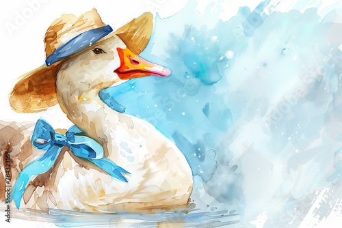 watercolor illustration of a goose in a hat and blue ribbon for Mother Goose Day