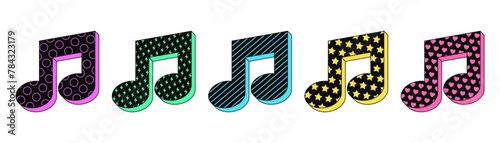 Isolated retro black music note icon set, vector stickers. Melody, musical show, music festival, disco party, karaoke. Textured 3d music note set, retro design elements for party and pop culture