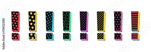 Isolated retro black exclamation icon set, vector stickers. Warning sign, important information, alert, attention, caution. Textured 3d exclamation marks, retro design elements for ads and pop culture