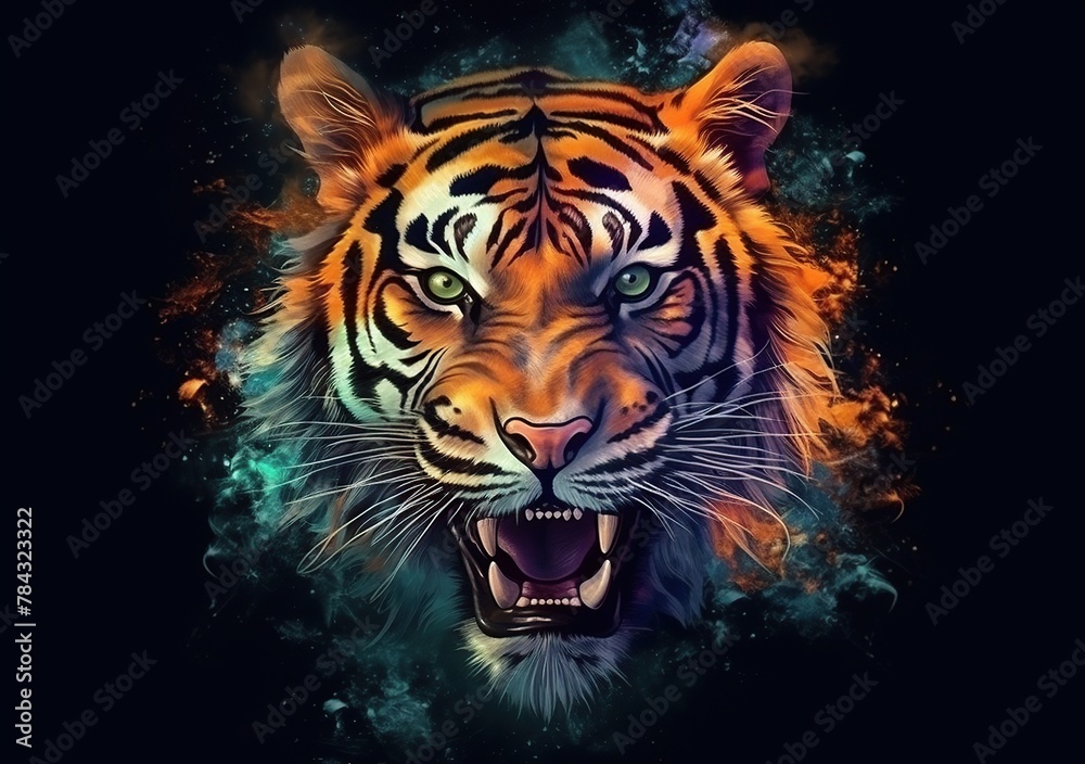 illustration of a tiger's head or tiger's face with colorful smoke effects