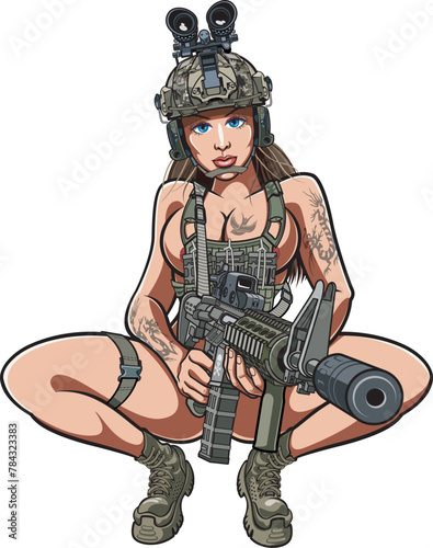 Military pin-up sexy girl holding assault rifle
