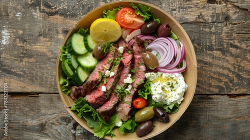 Fast food with herbs, grilled Harissa steak, Tzatziki, Cucumbers, tomatoes, pickled red onion, olives, radishes, Feta cheese. photo