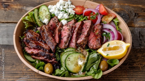 Fast food with herbs, grilled Harissa steak, Tzatziki, Cucumbers, tomatoes, pickled red onion, olives, radishes, Feta cheese. photo