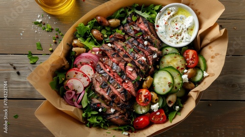 Fast food with herbs, grilled Harissa steak, Tzatziki, Cucumbers, tomatoes, pickled red onion, olives, radishes, Feta cheese. photo