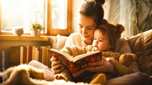 Quiet afternoon, a mother reading a storybook to her child, nestled together in a cozy nook. photo