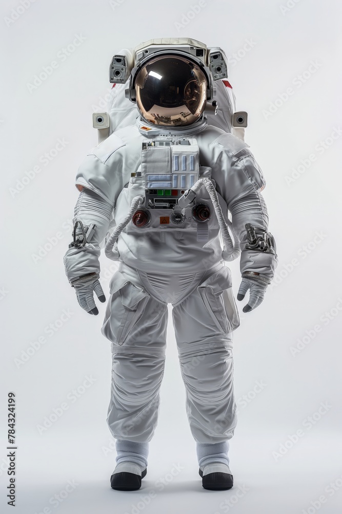 Astronaut in a modern space suit standing poised ready for a mission.