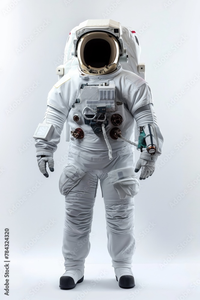 Full-body view of an astronaut in a modern space suit against a white background, symbolizing exploration and discovery.