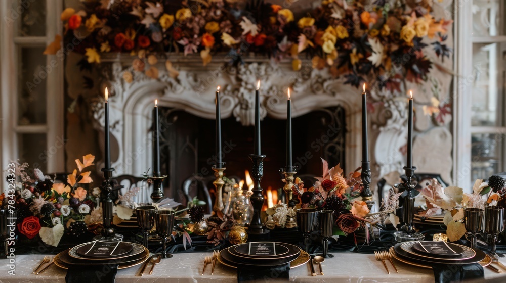 Halloween feast setting with fireplace and autumn leaves, ideal for seasonal event design.