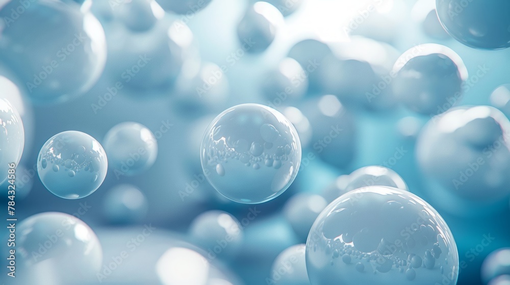 Ethereal blue soap bubbles floating in air