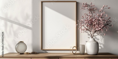 Mock up frame in home interior background, white room with natural wooden furniture, 3d render, 3d illustration © MUS_GRAPHIC