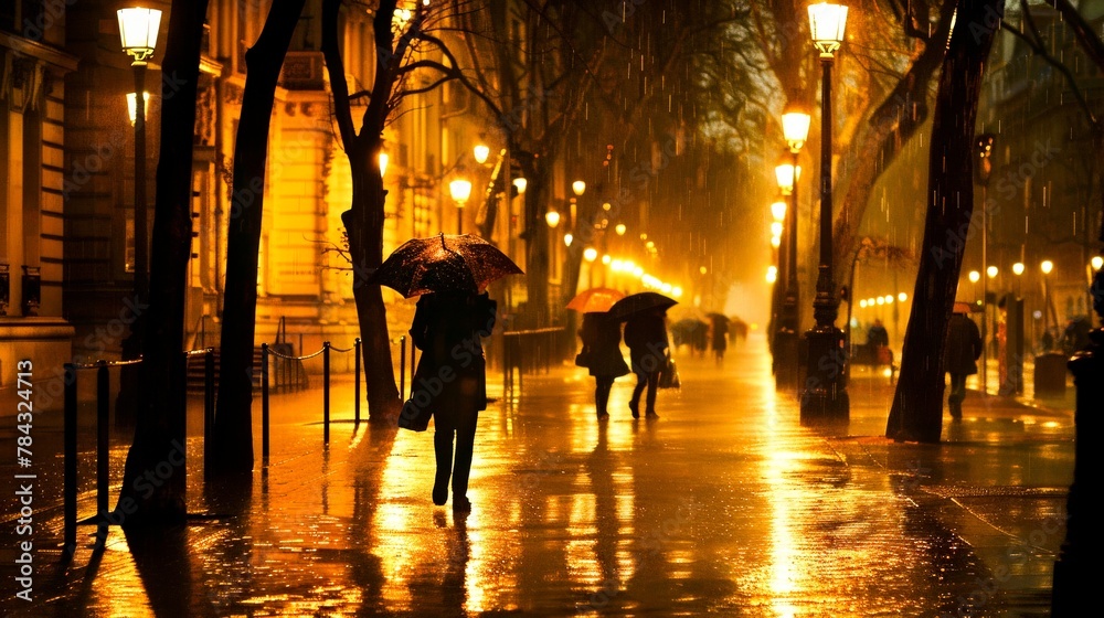 Rain-soaked streets of a city at night, glowing under the amber hues of street lamps, with people hurrying under umbrellas.