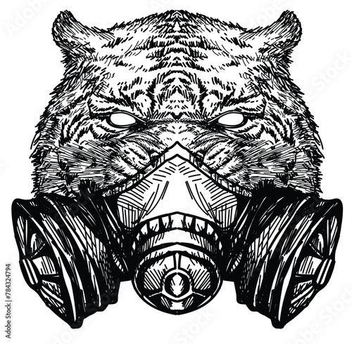 Tattoo art tiger wearing a mask to protect from venom hand drawing and sketch