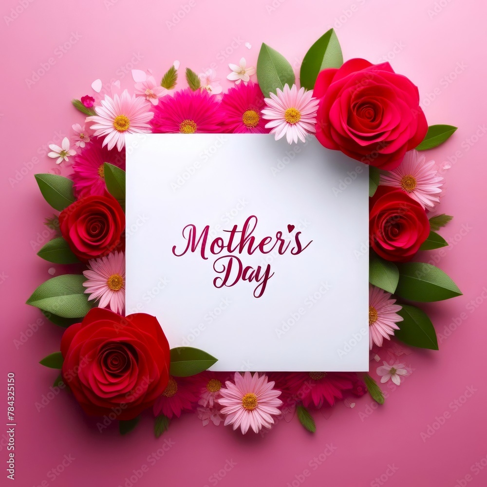 vibrant Mother's Day greeting card with flowers against pink background. concepts: Mother's Day, acknowledging and celebrating mothers online, greeting card design, sale events during Mother's day