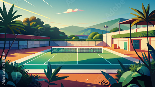 Large tennis court close-up, minimalistic photo of the training ground.Tennis court close-up: minimalism in bright colors.Tennis practice court: digital photography.The bright lines of the tennis