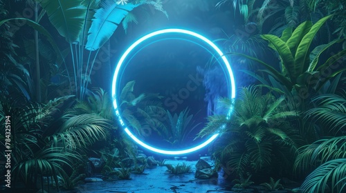 Blue and Green Neon Light with Tropical Plants. A fluorescent frame in the form of a circle in a natural setting.