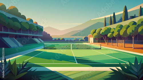 Large tennis court close-up, minimalistic photo of the training ground.Tennis court close-up: minimalism in bright colors.Tennis practice court: digital photography.The bright lines of the tennis