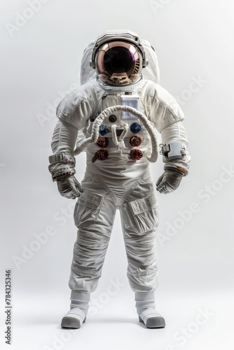 An astronaut clad in a full space suit stands poised, helmet reflecting a hidden universe, symbolizing exploration and discovery. photo