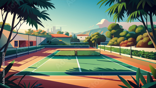 Large tennis court close-up, minimalistic photo of the training ground.Tennis court close-up: minimalism in bright colors.Tennis practice court: digital photography.The bright lines of the tennis