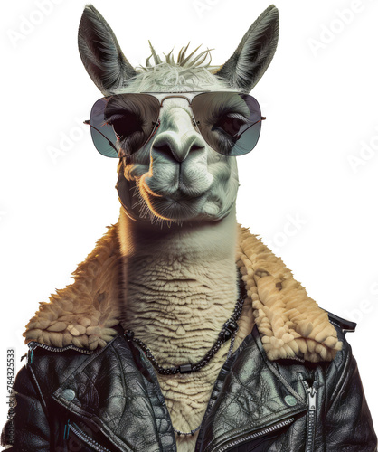Stylish llama wearing sunglasses and leather jacket cut out png on transparent background
