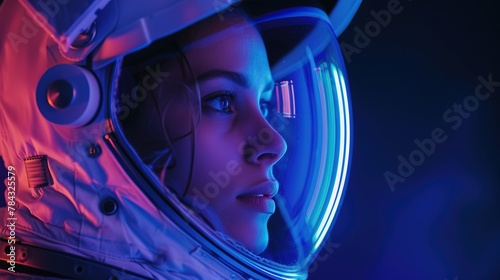 Astronaut woman figure in space suit in surrounded by glowing neon lights. Science fiction scene.