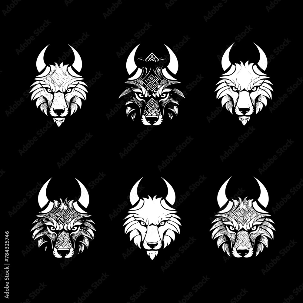 Fototapeta premium Set Of Wild Wolf And Dog Furry Muzzle Head Portrait White Sketches