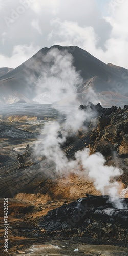 Geothermal steam vent, close up, hissing, volcanic mountain backdrop  © Thanthara