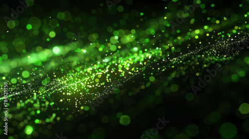 A mesmerizing display of high-speed particles emitting vibrant green glows against a stark black background, highlighting dynamic energy and design elements