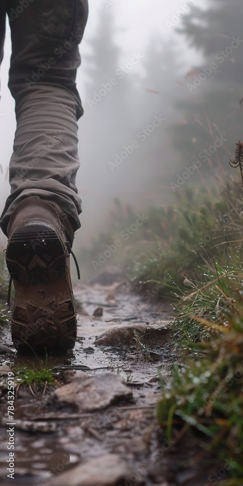 Foggy mountain path, close up, hiker's boots stepping, eerie silence 