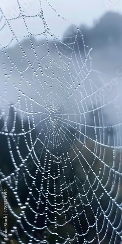 Dew drops on spider web, close up, misty mountain backdrop, dawn light 