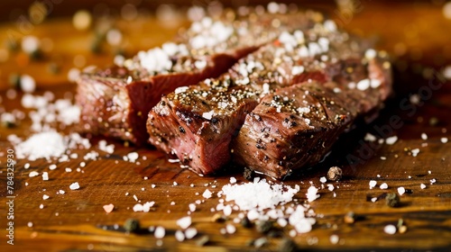 The art of steak seasoning captured in a moment, with salt and pepper enhancing the meat's natural flavors, set for a menu backdrop.
