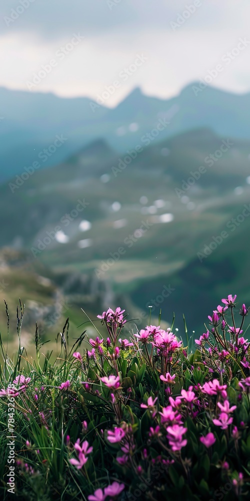 Fototapeta premium Mountain flower, close up, wide valley and peaks softly out of focus 