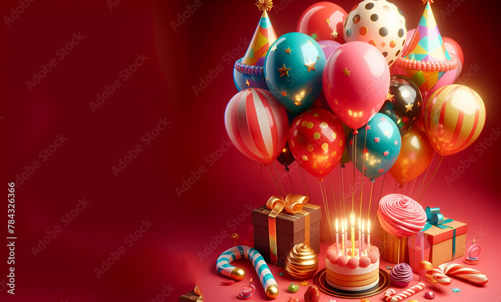 3d style Birthday party composition bright colors with red background, generative ai