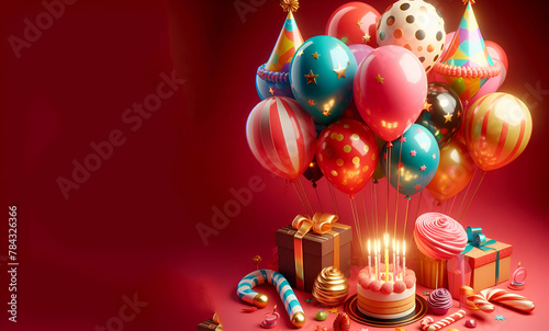 3d style Birthday party composition bright colors with red background  generative ai