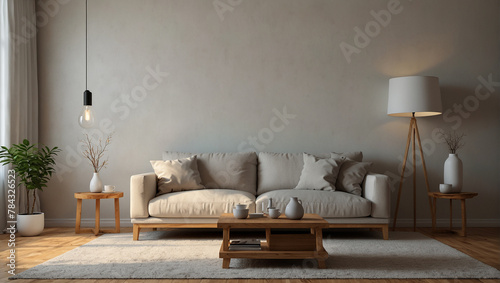 A living room with a couch, coffee table, end tables, lamp, rug, plant, and decorations.