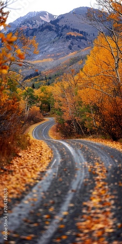 Winding road in autumn, close up, leaves in foreground, mountains ahead 