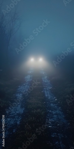 Headlights illuminating foggy path, close up, mysterious journey 
