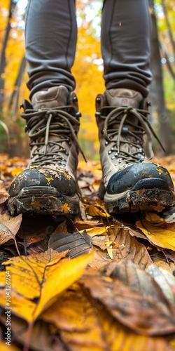 Hiker boots on leaf-covered path, close up, journey through fall