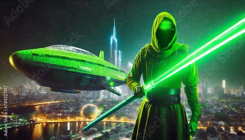 Futuristic warrior in green armor holding a lightsaber with spaceships and a sci-fi cityscape in the background