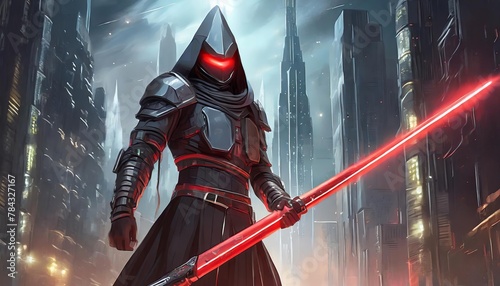 Warrior in black armor holds a red beam sword in an atmospheric, futuristic city setting