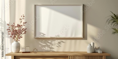 Mock up frame in home interior background, white room with natural wooden furniture, 3d render, 3d illustration