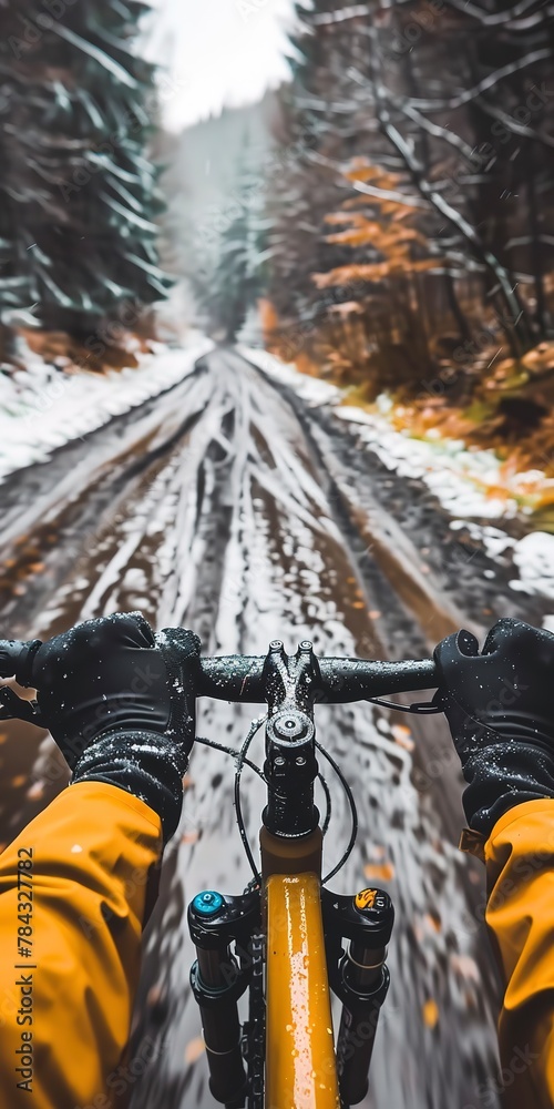 Fototapeta premium Cyclist's hands on handlebars, close up, rugged terrain, focus shift