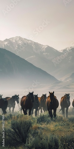 Wild horse herd, close up, distant mountains, early mist