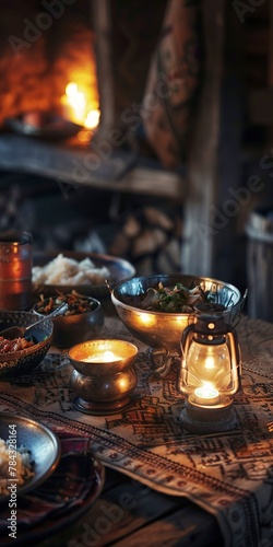 Mountain feast, close up, handmade dishes, warm lantern light