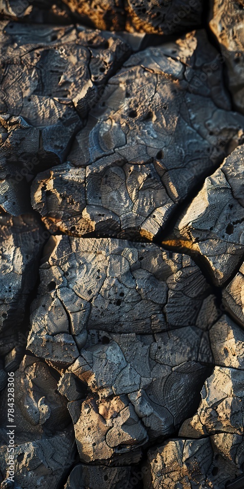 Volcanic rock formation, close up, side lighting, stark shadows 
