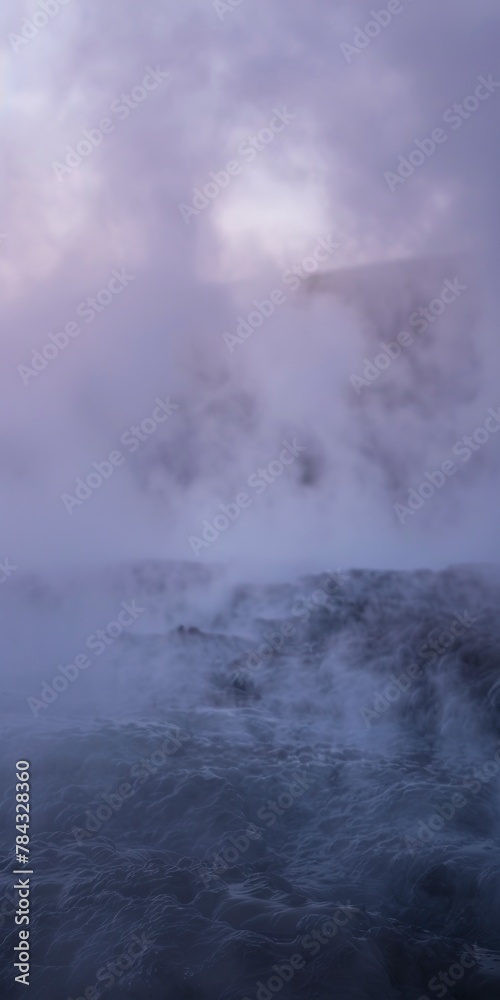 Mountain hot spring, close up, steam rising, twilight ambiance
